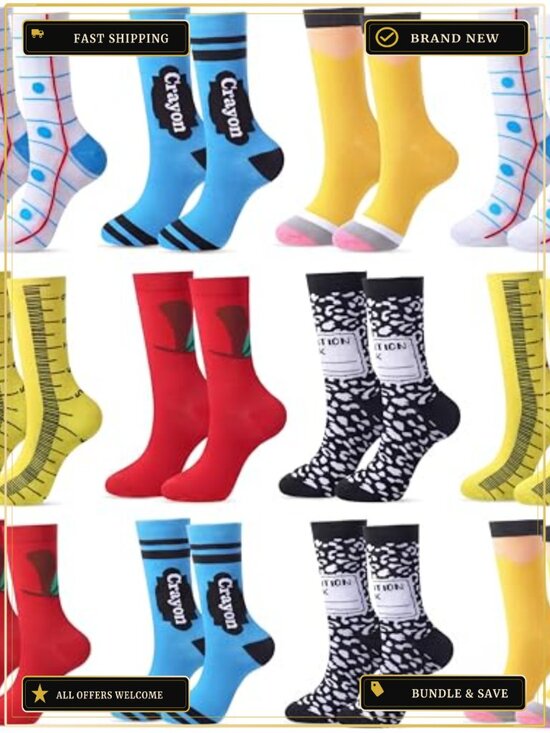 Other - Funny Novelty Teacher Socks - 12 Pairs, Combed Cotton, Polyester, Spandex, Gift